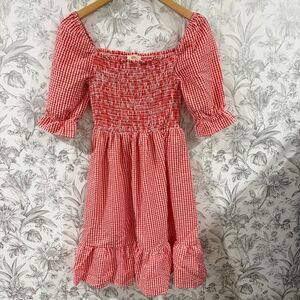 If She Loves Dress Red White Gingham Coquette Puff Ruffle Sleeve Smocked Check S